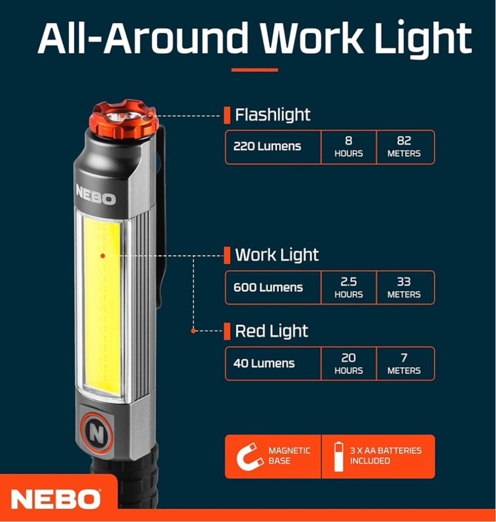 1) NEBO Magnetic 600 Lumen Flashlight - Pocket Clip Magnetic Base for Hands-Free Lighting