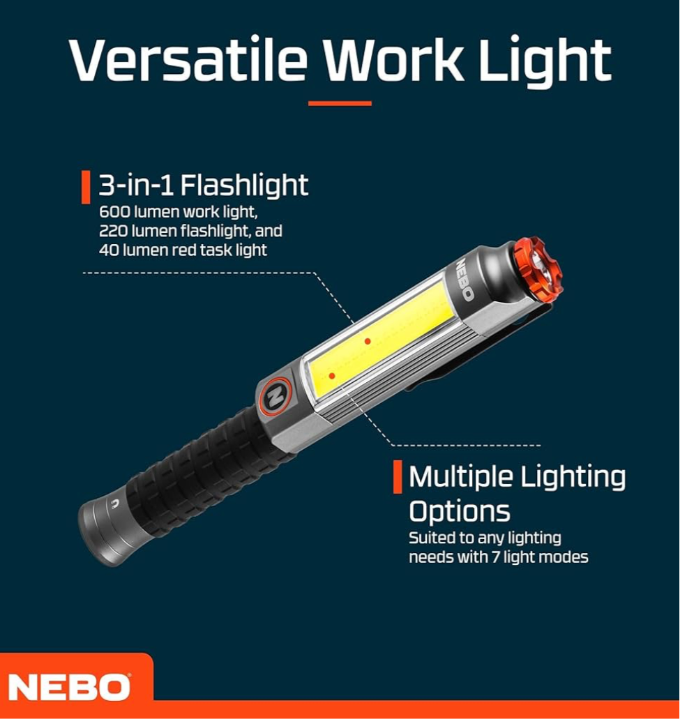 1) NEBO Magnetic 600 Lumen Flashlight - Pocket Clip Magnetic Base for Hands-Free Lighting